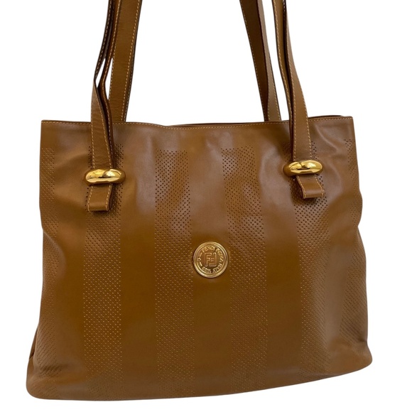 Vintage Fendi Caramel Tote Bag w/ COA Gold Hardware Pequin Stripes Authentic Y2K - Picture 12 of 16
